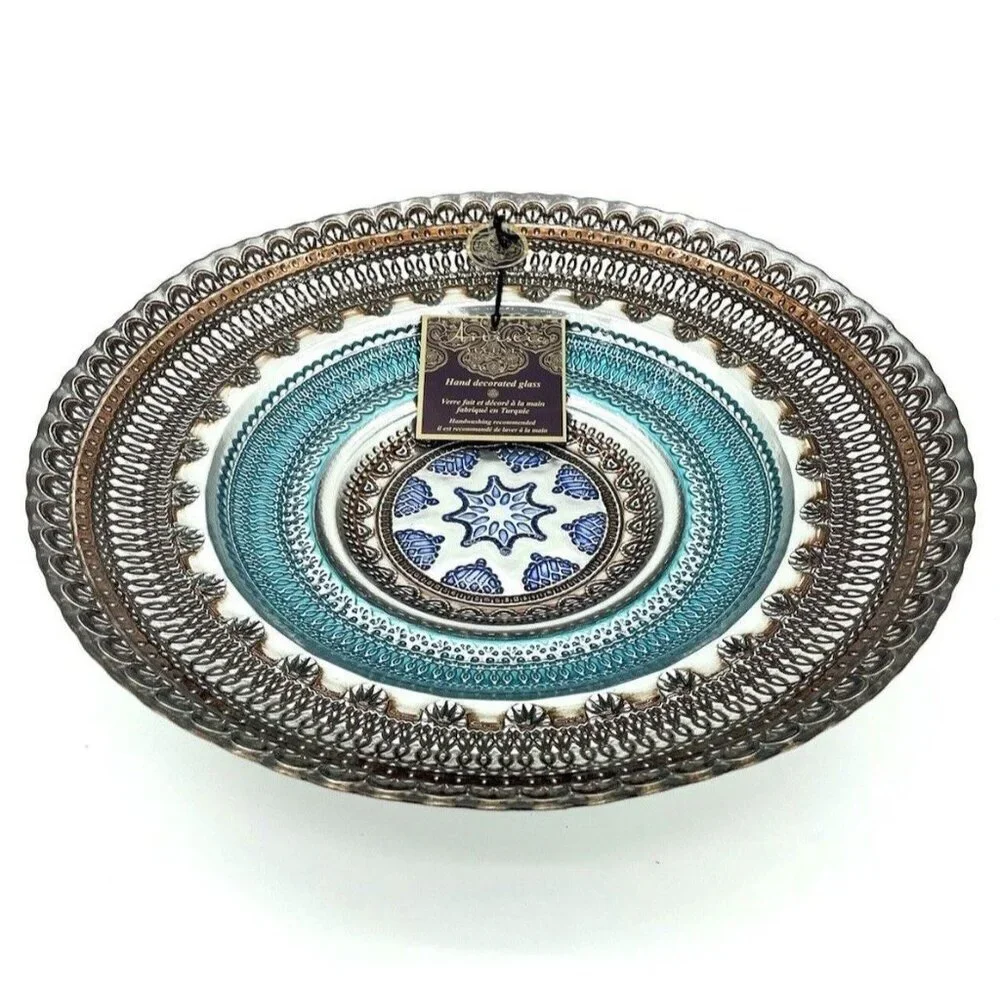 Turkish Glass Round Bowl Dinner Blue Silver Brown Lace Print 13.5